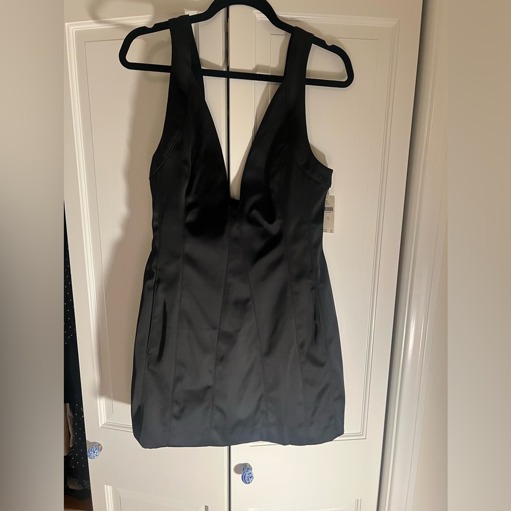 NWT Anthropologie Maeve Sleeveless Plunge Satin Mini Dress - Black, pockets
